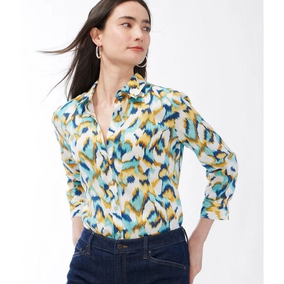 Chico's No-Iron Colorful Ikat Print Linen Long Sleeve Button-Down Shirt Sz 4/20 - Picture 1 of 9